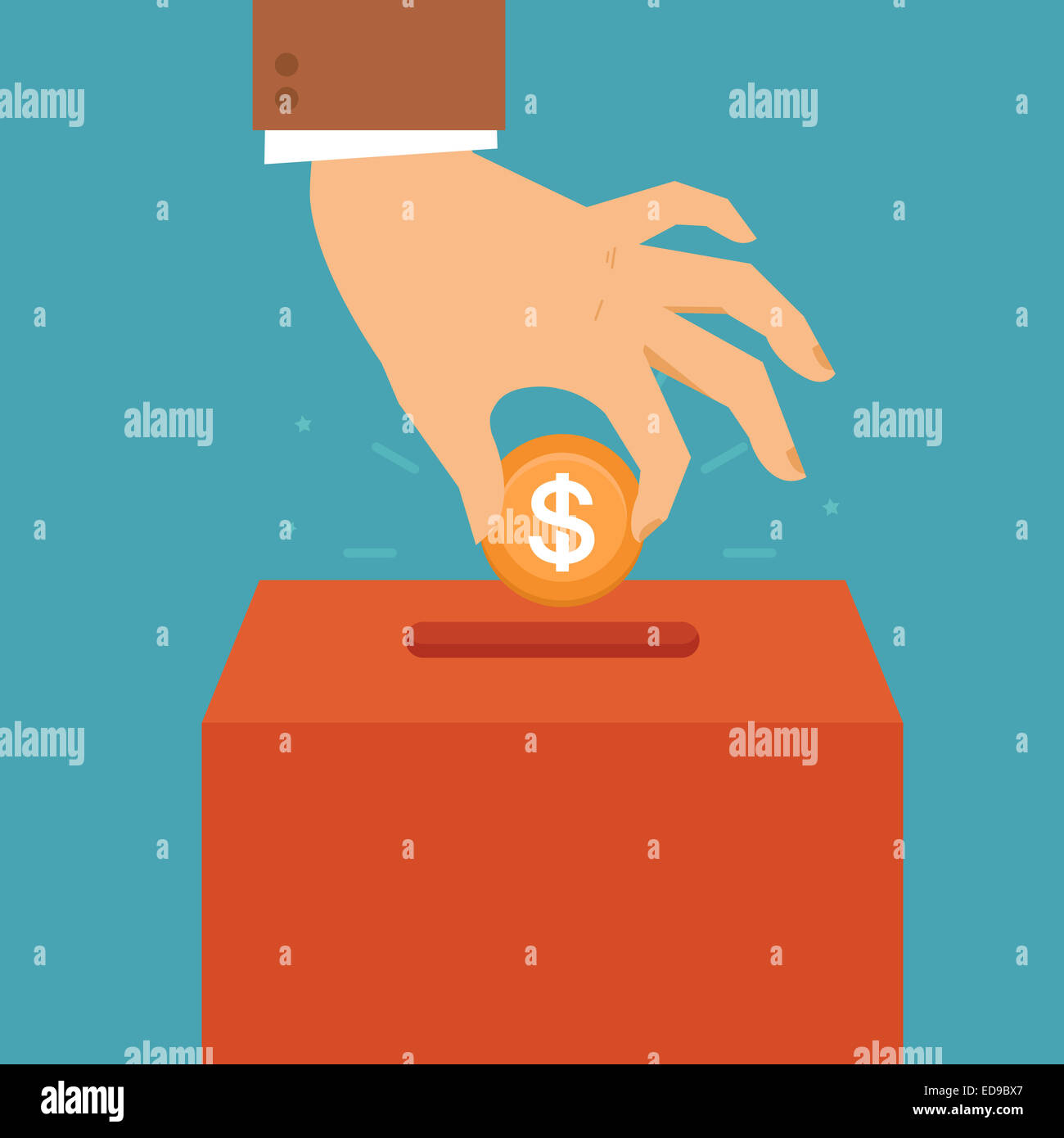 Donation concept in flat style - hand putting coin in the box for charity organization Stock Photo