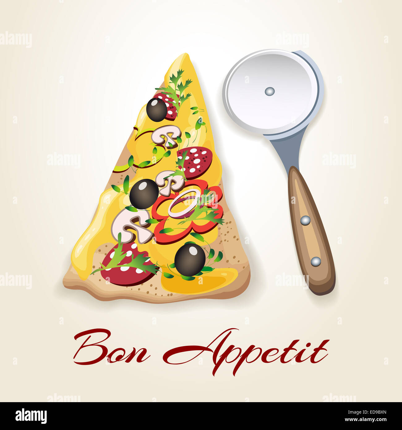 Illustration of pizza piece, rolling pizza knife and wording Stock Photo