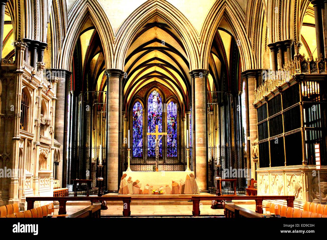Inside Salisbury Cathedral with beautiful masonry, lead light windows Stock Photo