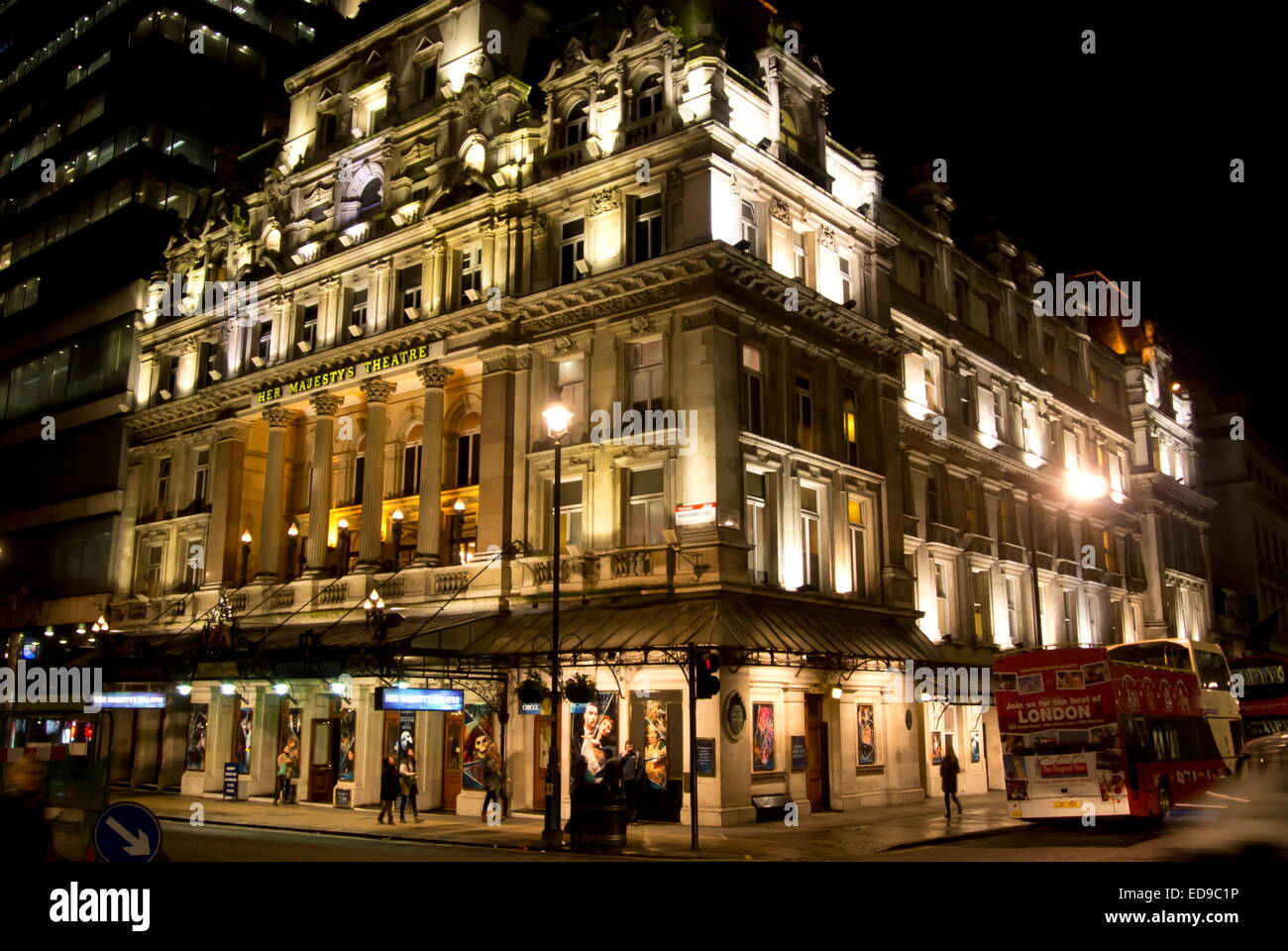 Her Majesty's Theatre on Haymarket in London's West End, UK - night; winter. Stock Photo