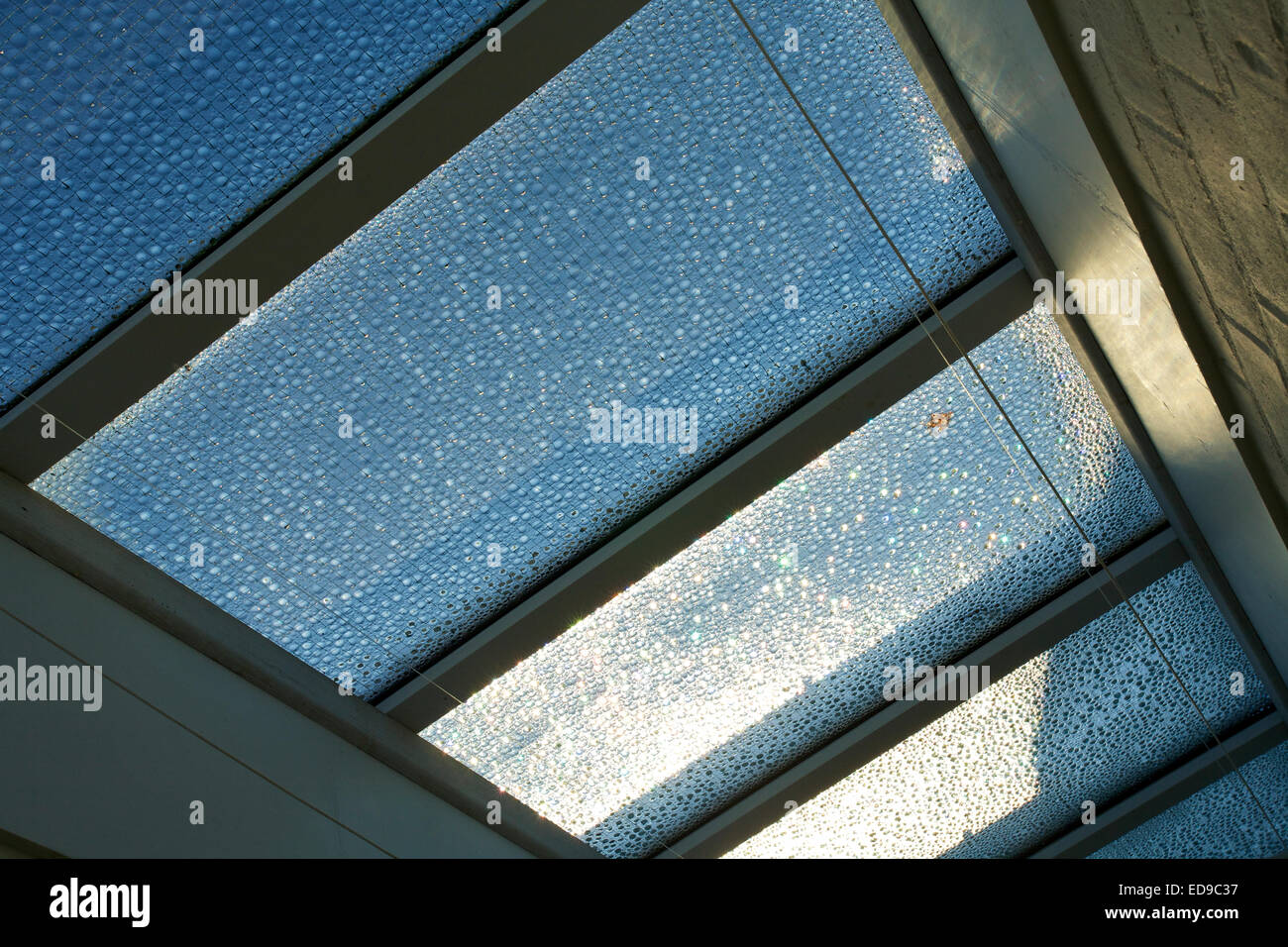 Condensation droplets on underside of single-glazed glass roof Stock Photo