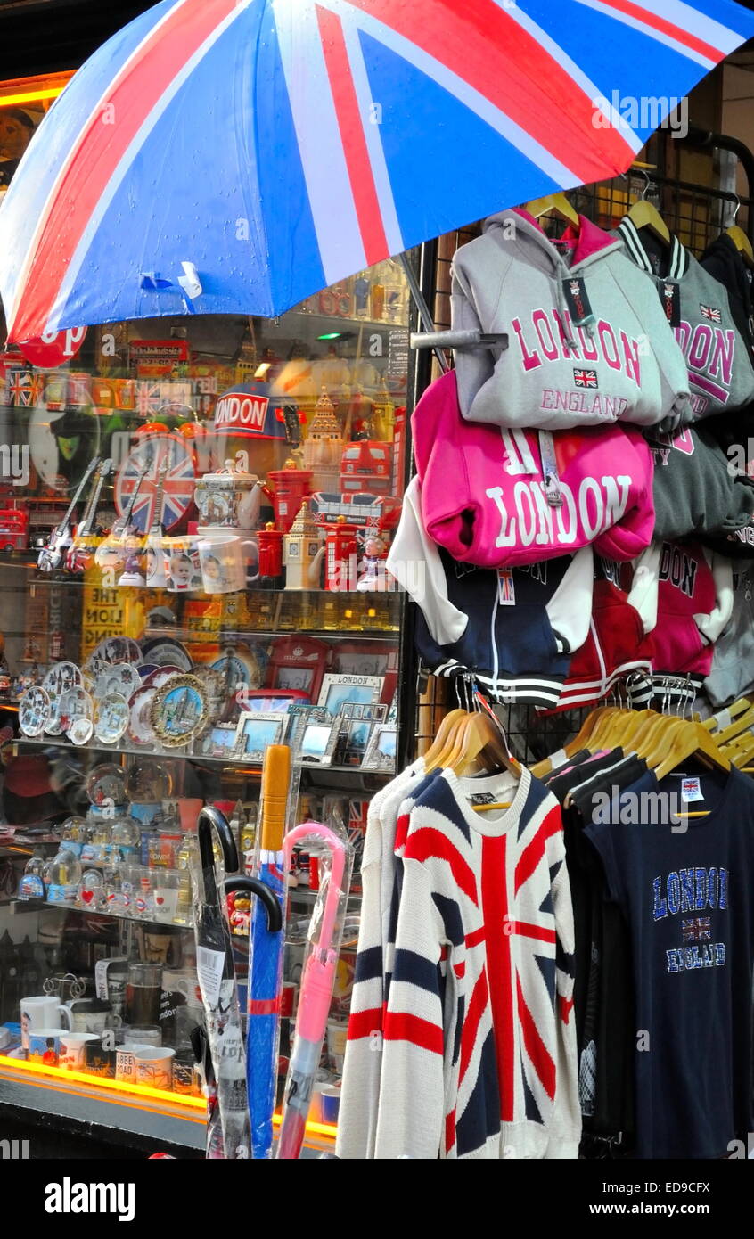 British souvenir shop selling Union Jack umbrellas, London, UK Stock Photo  - Alamy