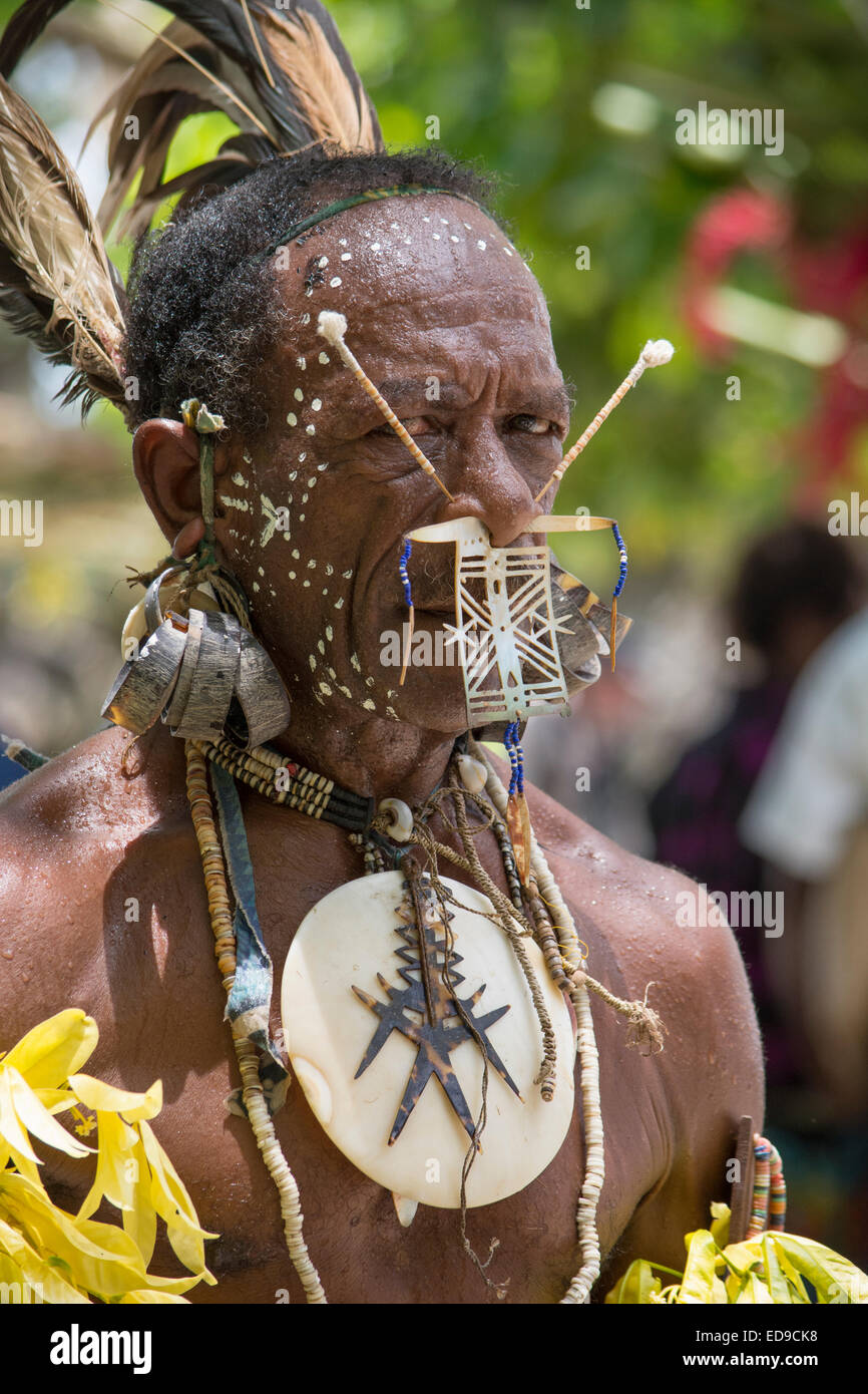Melanesia, Solomon Islands, Santa Cruz Island group, Malo Island. Villagers in native attire. Stock Photo