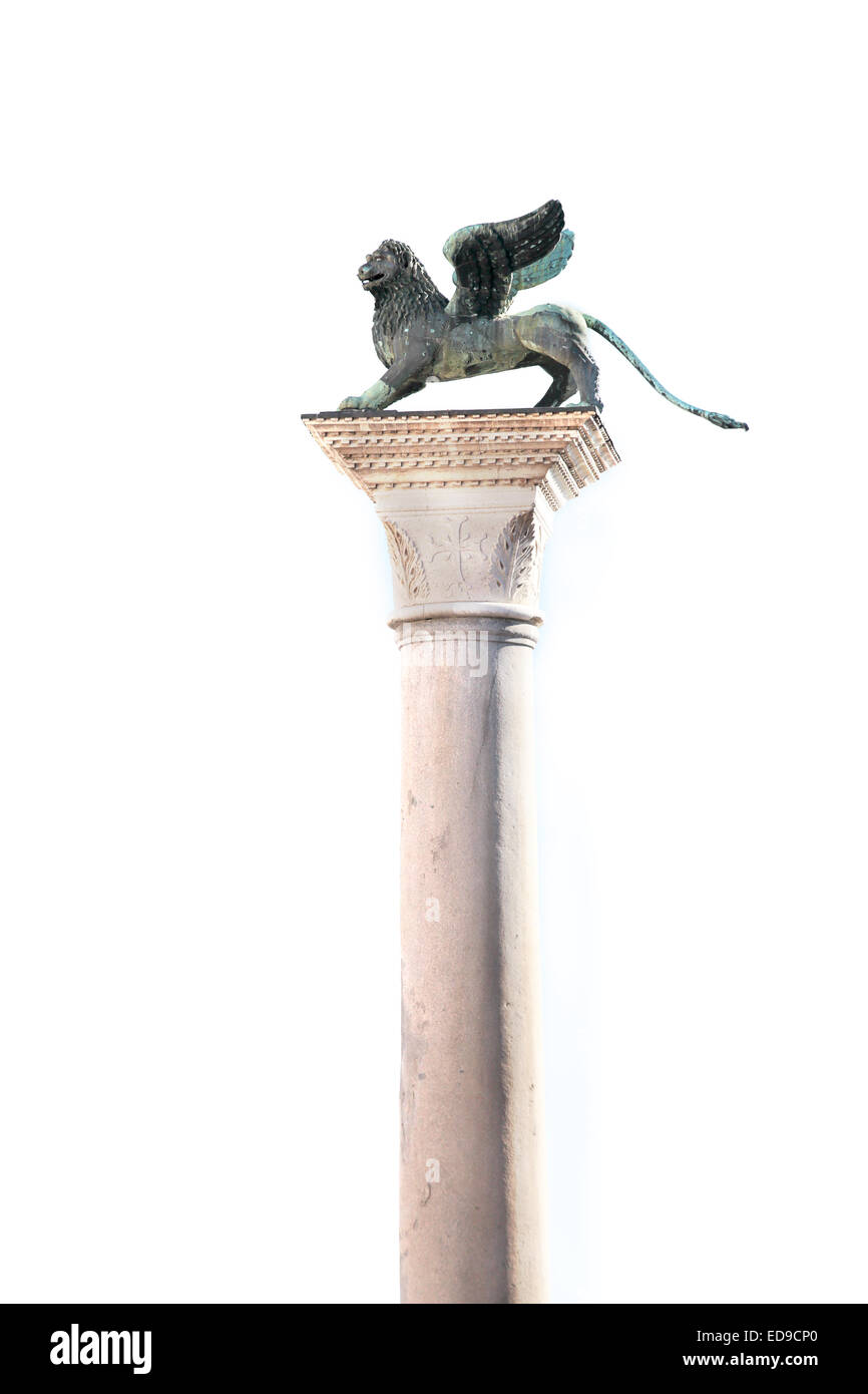 The column of winged lion, symbol of city of Venice, on a white sky as background Stock Photo