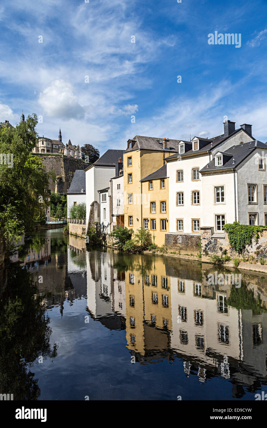 Old houses and reflections in water, city of Luxembourg Stock Photo