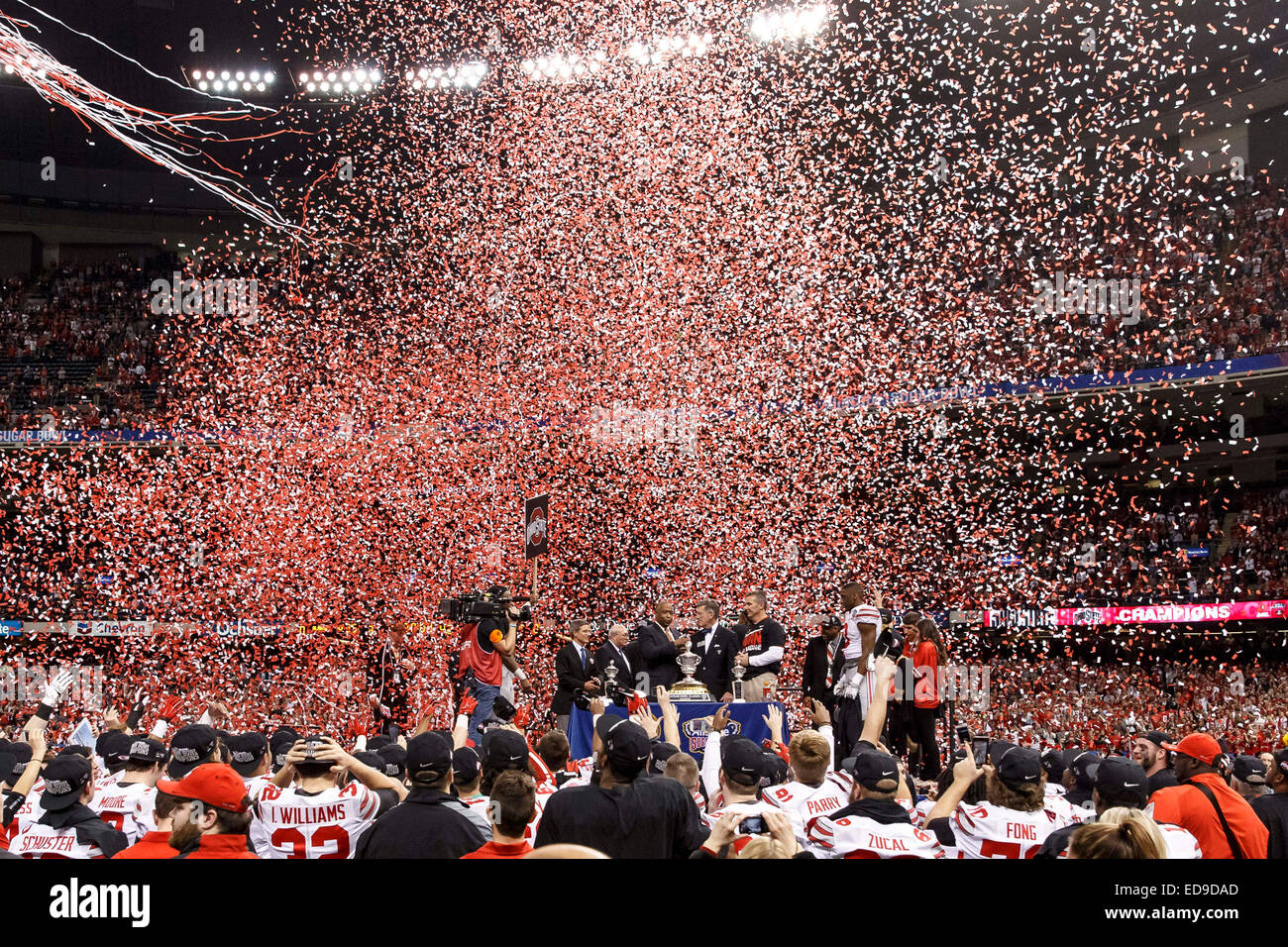 January 1, 2015: An overall view of Ohio State Buckeyes head coach Urban Meyer and the Sugar Bowl trophy presentation after the Allstate Sugar Bowl game between the Ohio State Buckeyes and the Alabama Crimson Tide at the Mercedes-Benz Superdome in New Orleans, LA. The Buckeyes defeated the Crimson Tide 42-35. Stock Photo