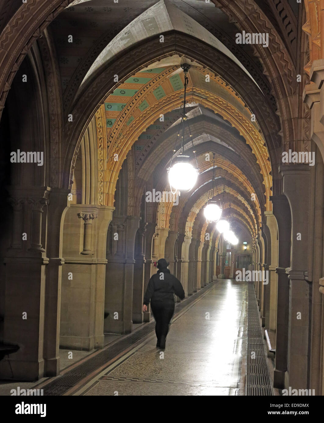 Inside down a corridor of Manchester's Victorian classic  gothic town hall, Albert Square, Lancashire, England UK Stock Photo