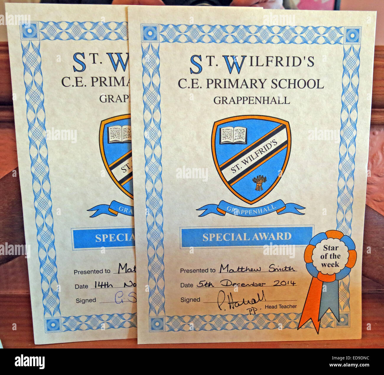 School special award certificate from primary school, St Wilfrids Grappenhall, Cheshire, England, UK Stock Photo