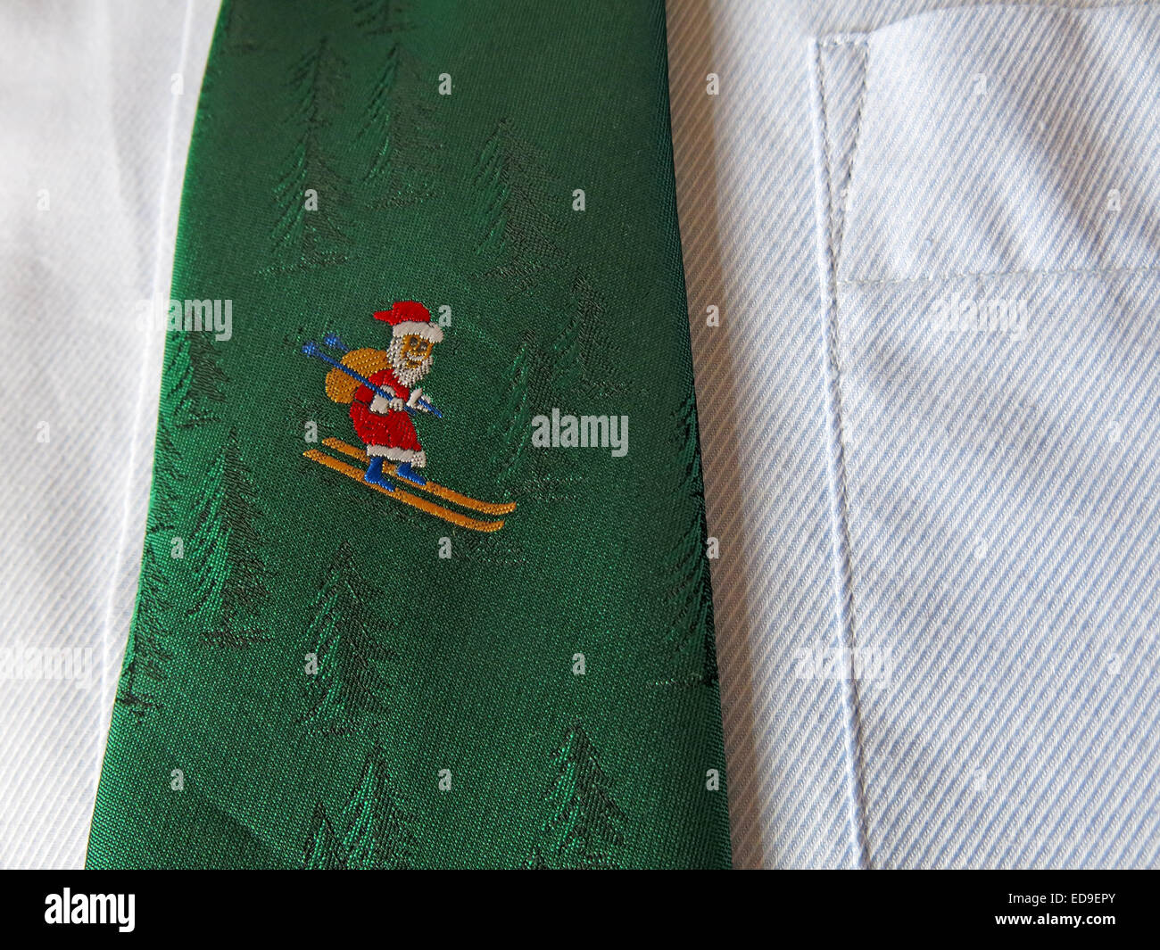 Interesting vintage tie, male neckware in silk, Santa skiing Stock Photo