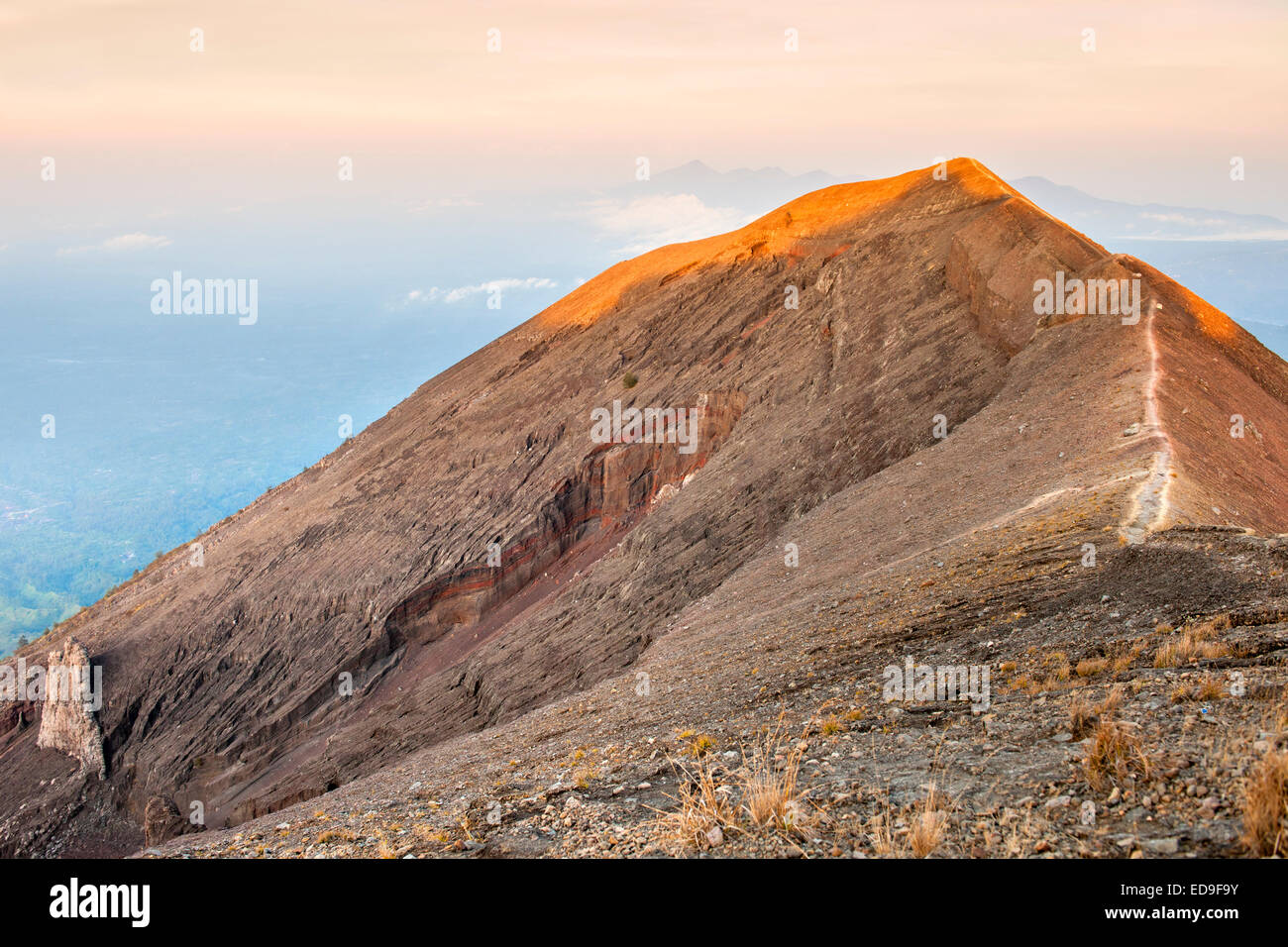 The hiking path on the summit of Gunung Agung (3142m), the highest volcano on the island of Bali, Indonesia. Stock Photo
