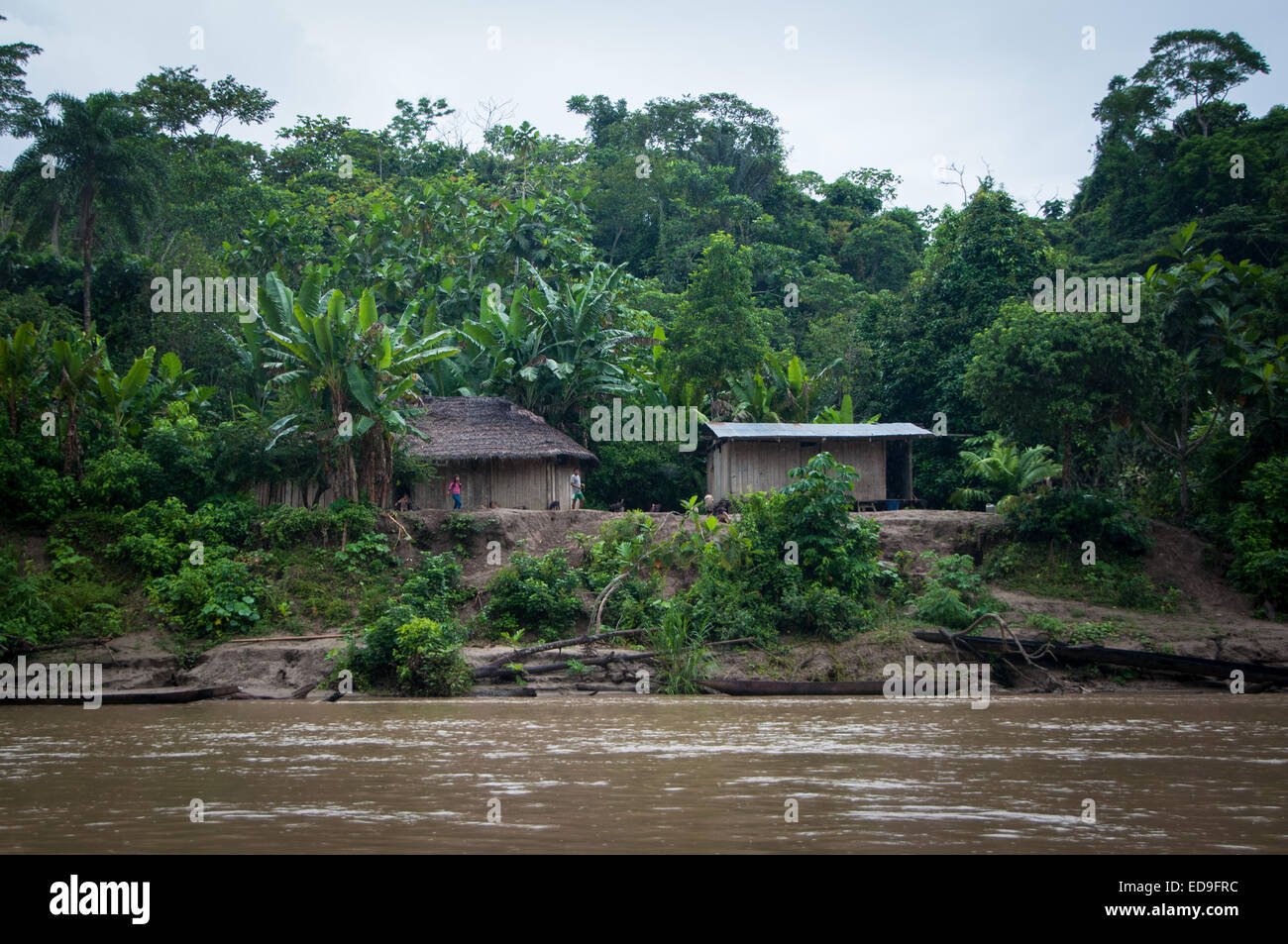 Typical Houses along the River Maranon in the Amazon Jungle Region of Northern Peru Stock Photo