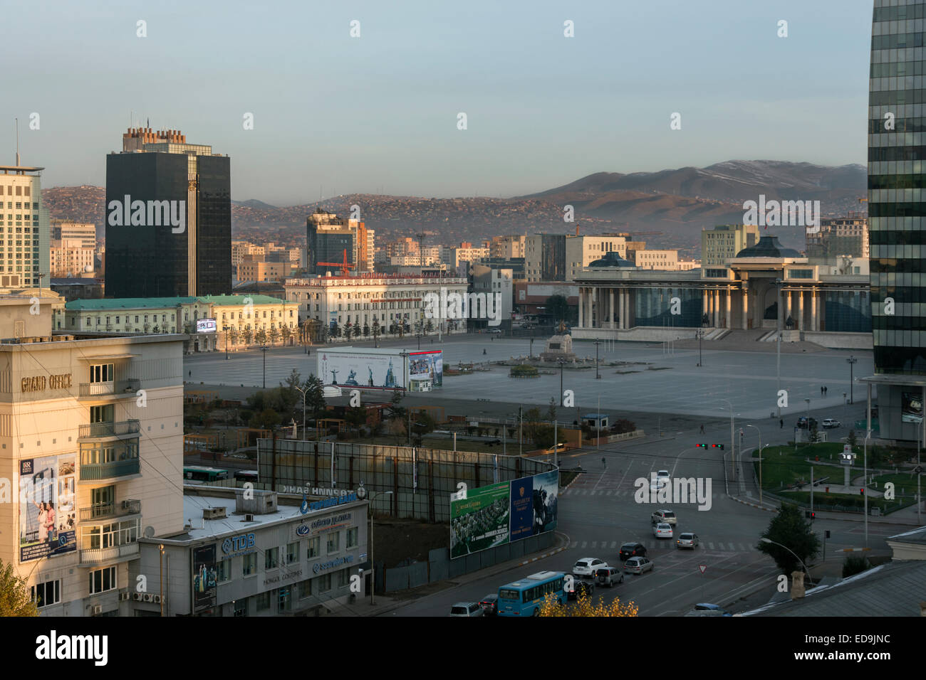 Sunrise, Sukhbaatar Square and Ghengis Khan monument, Ulaan Baatar, Mongolia Stock Photo