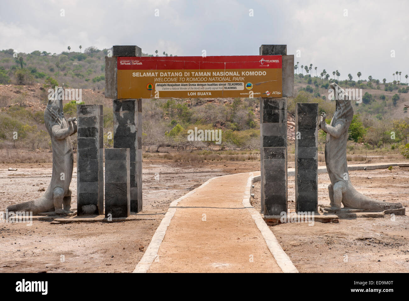 Welcome sign at the entrance to Komodo National Park, Rinca island, East Nusa Tenggara, Indonesia. Stock Photo