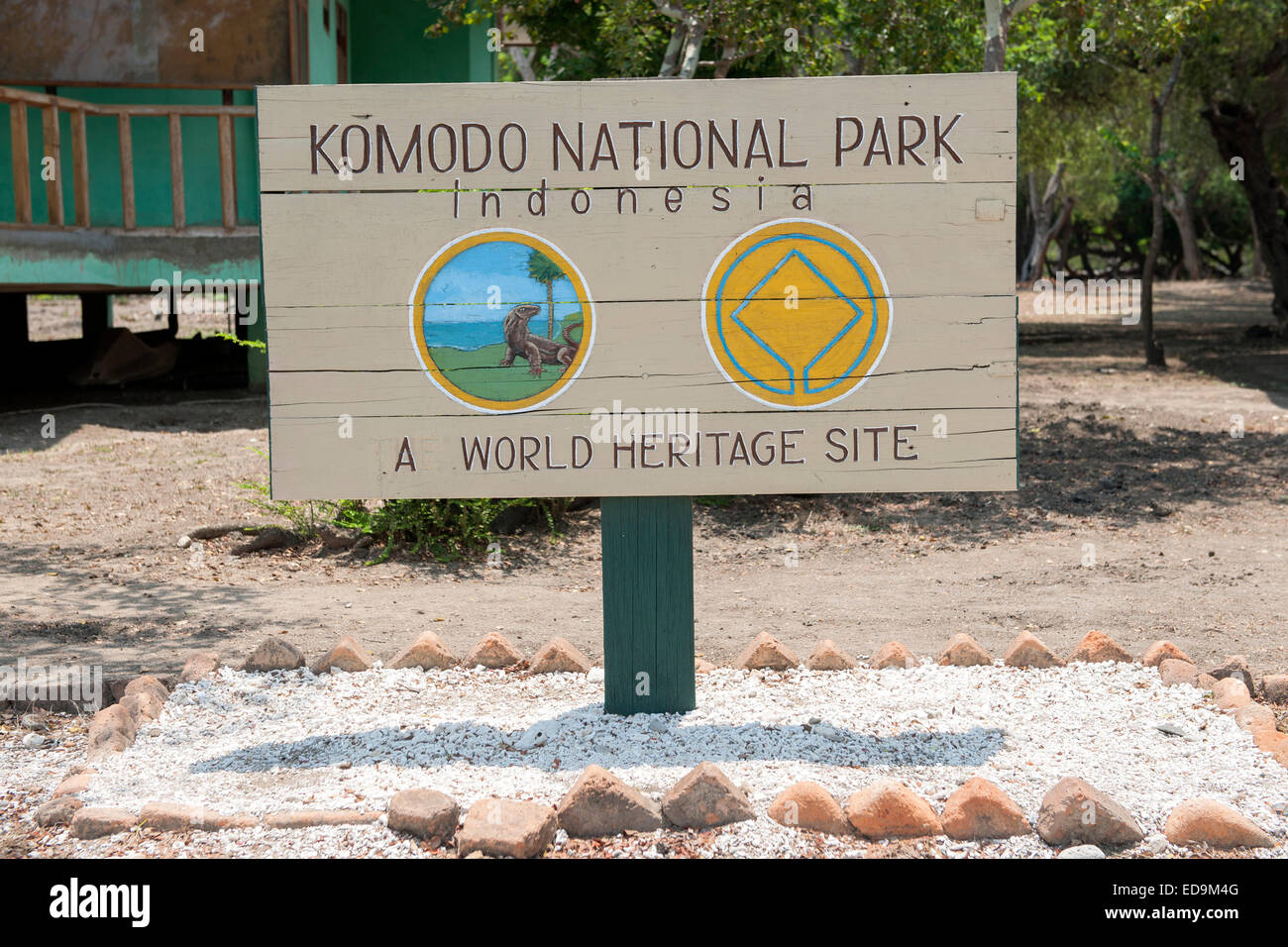 Sign at the entrance to Komodo National Park, Rinca island, East Nusa Tenggara, Indonesia. Stock Photo