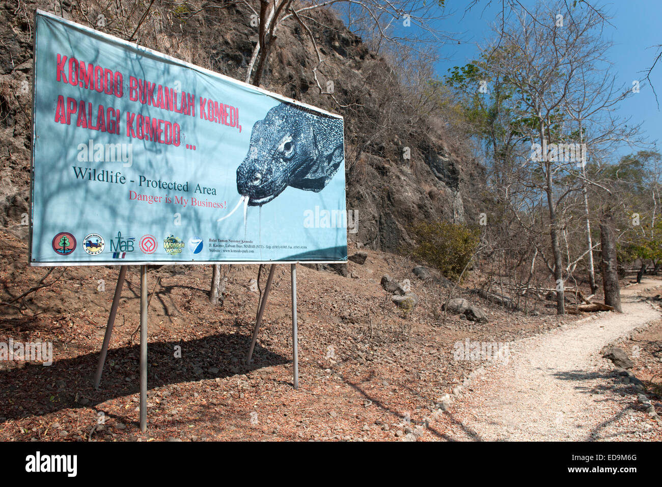 Signboard in the Komodo National Park, East Nusa Tenggara, Indonesia. Stock Photo