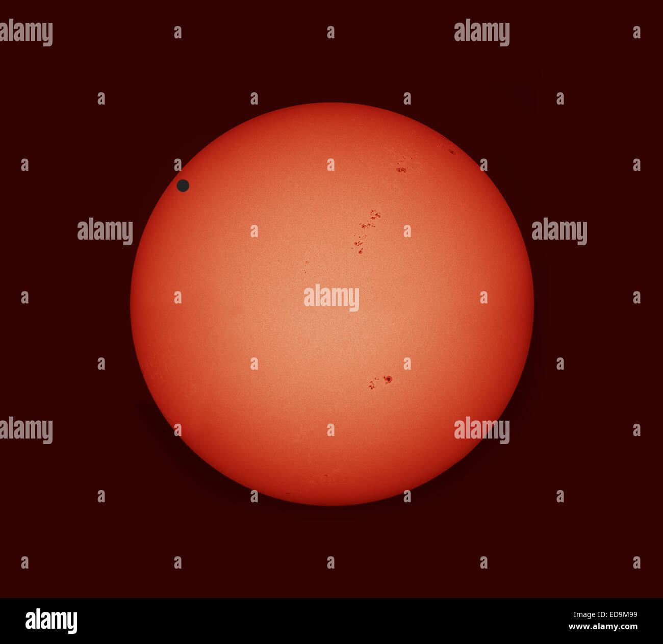 Simulation of planetary transit across an actual telescope image of the sun, photographed with Hydrogen alpha solar filter Stock Photo