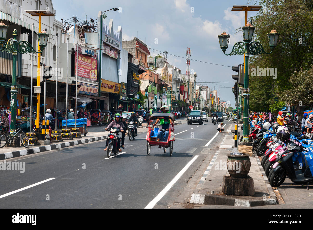 View down Jalan Malioboro, one of the main avenues in Yogyakarta, Java, Indonesia. Stock Photo
