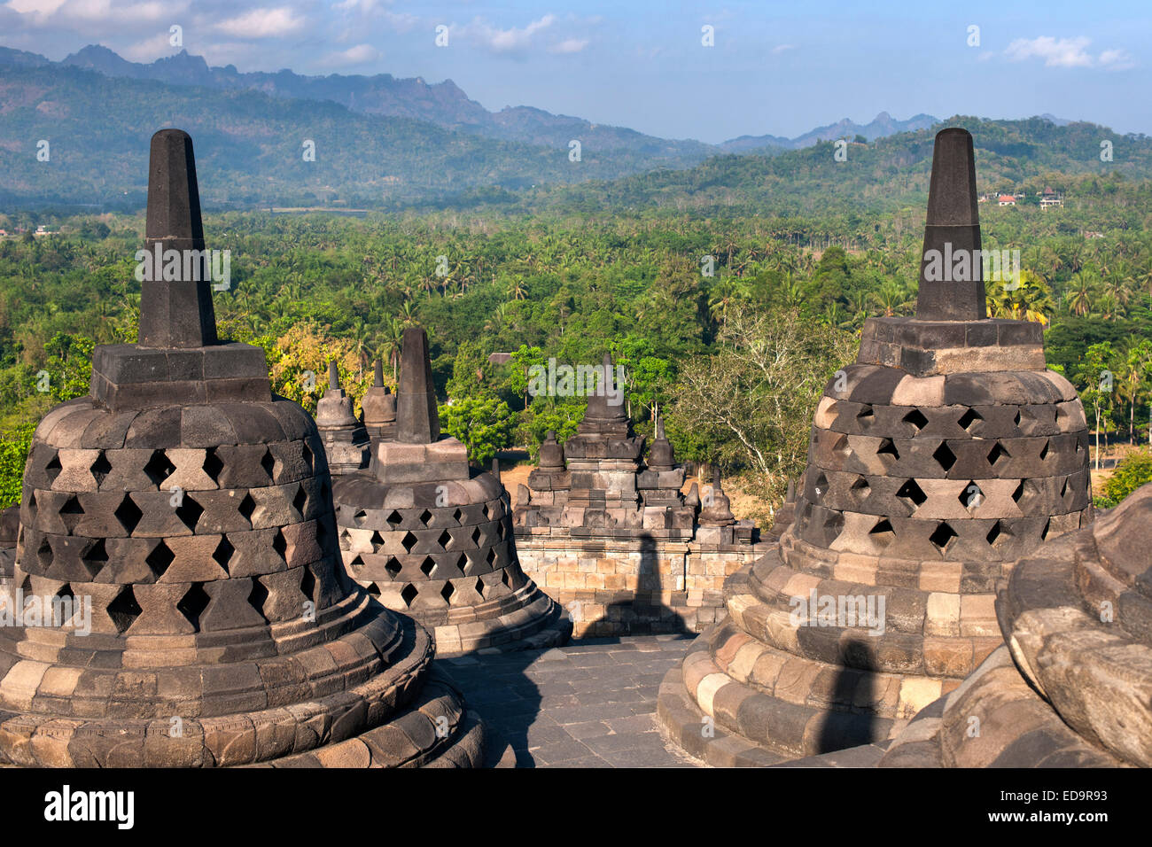 Stupa (bell-shaped ornaments) of Borobodur, a 9th-century Buddhist Temple in Magelang, near Yogyakarta in Java, Indonesia. Stock Photo