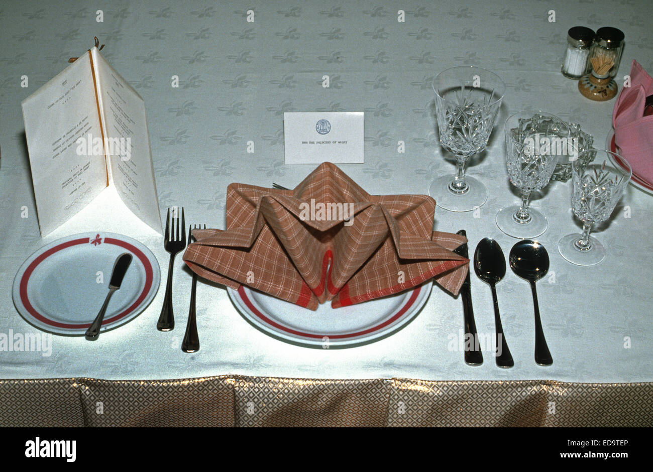 Place setting for Princess Diana at a lunch in Bangkok, Thailand February 1988 Stock Photo
