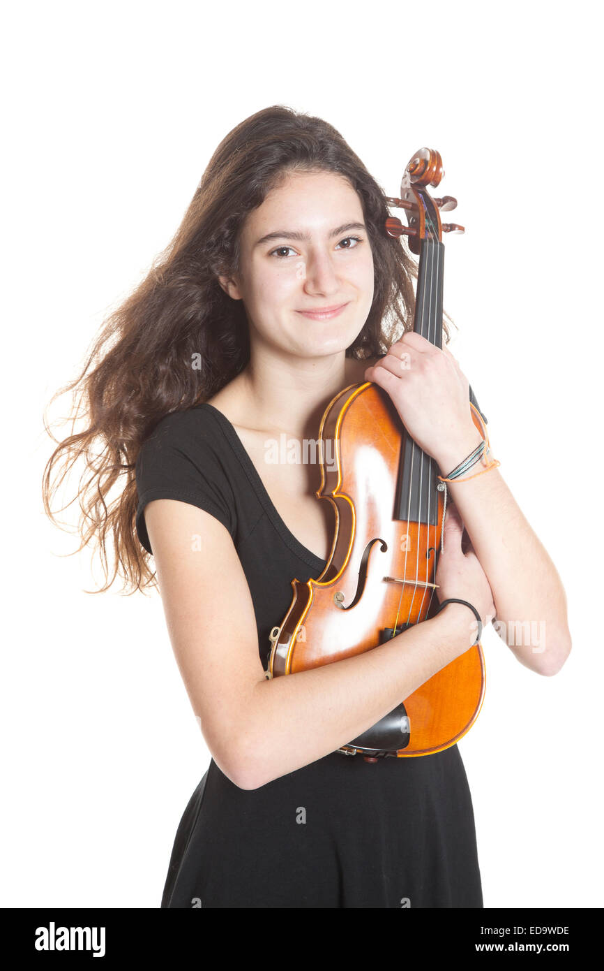 teenage girl and violin in studio with white background Stock Photo - Alamy