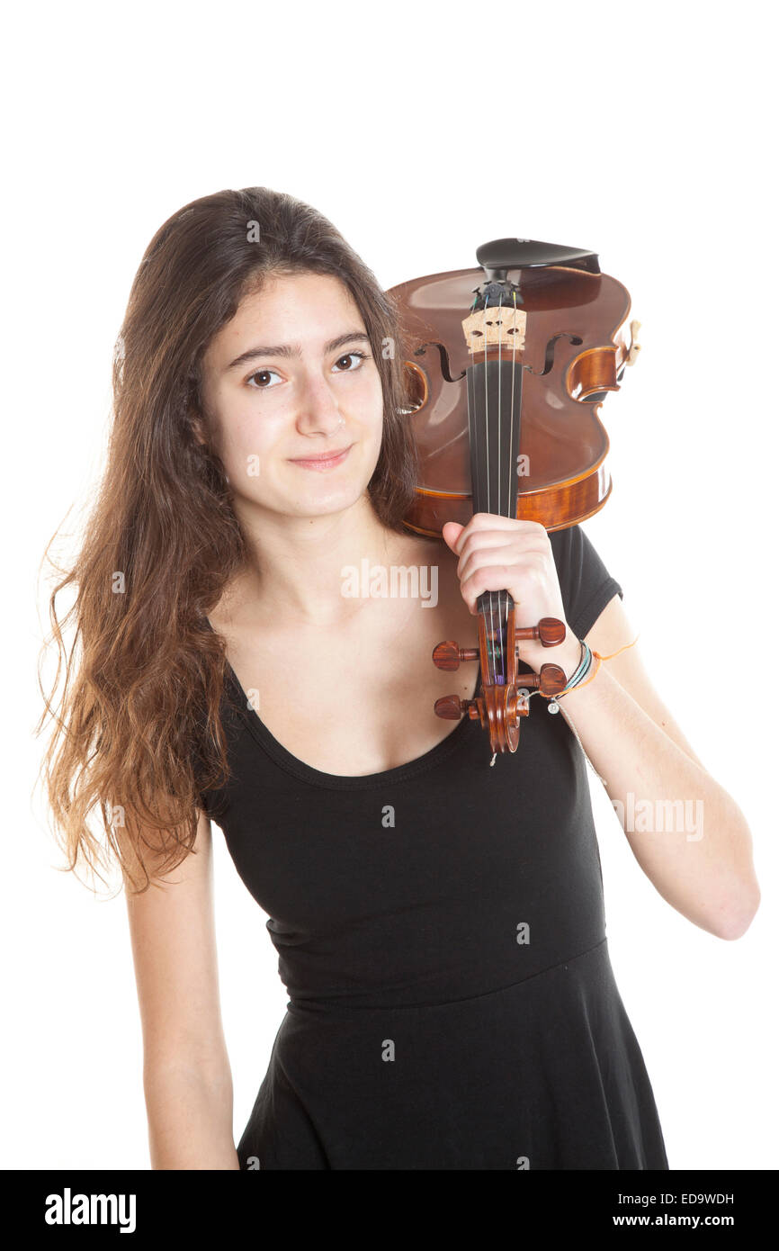 teenage girl and violin in studio with white background Stock Photo - Alamy