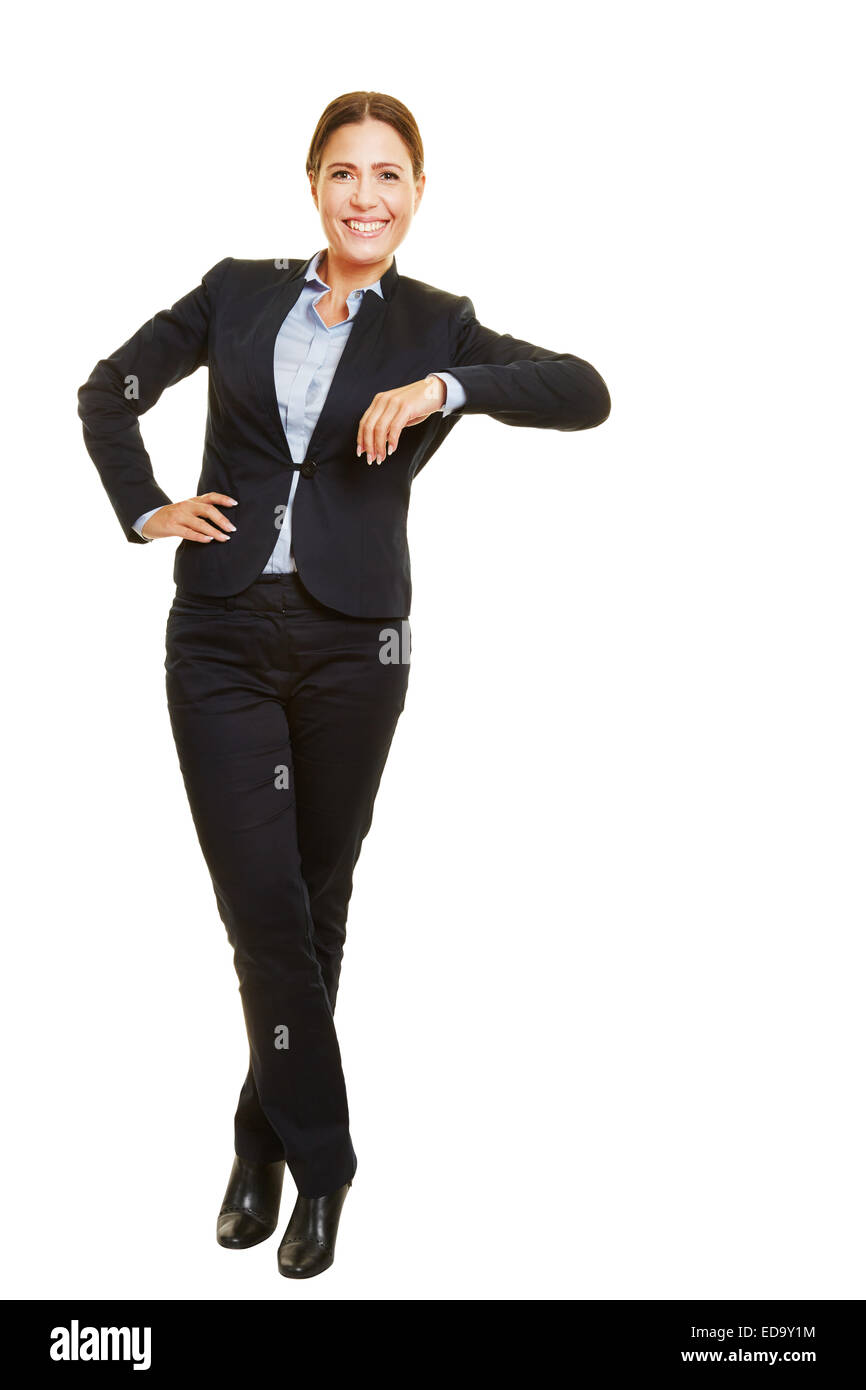 Smiling isolated full body business woman leaning casual on imaginary  object Stock Photo - Alamy