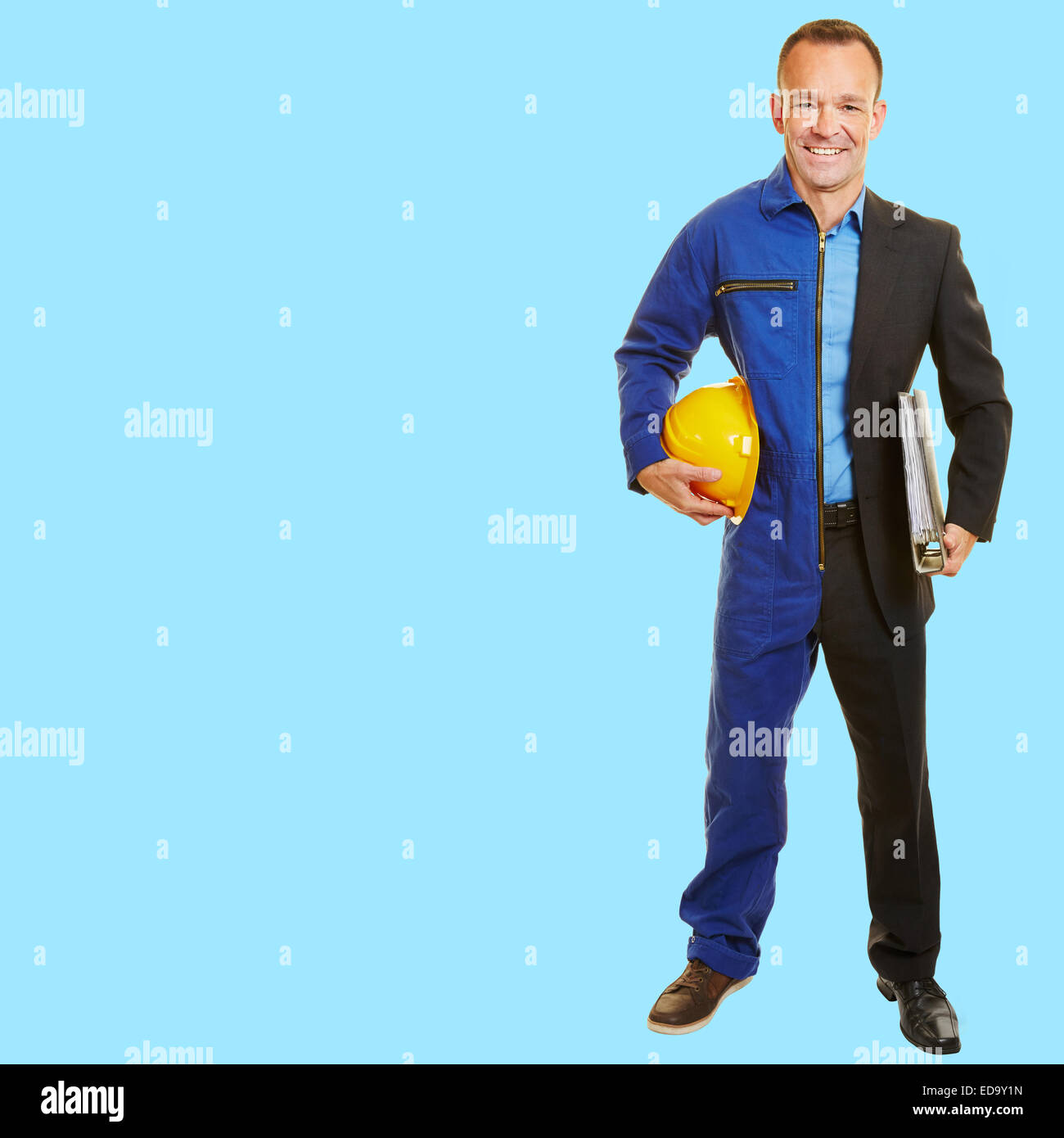 Man between job change half in work clothes of construction worker and