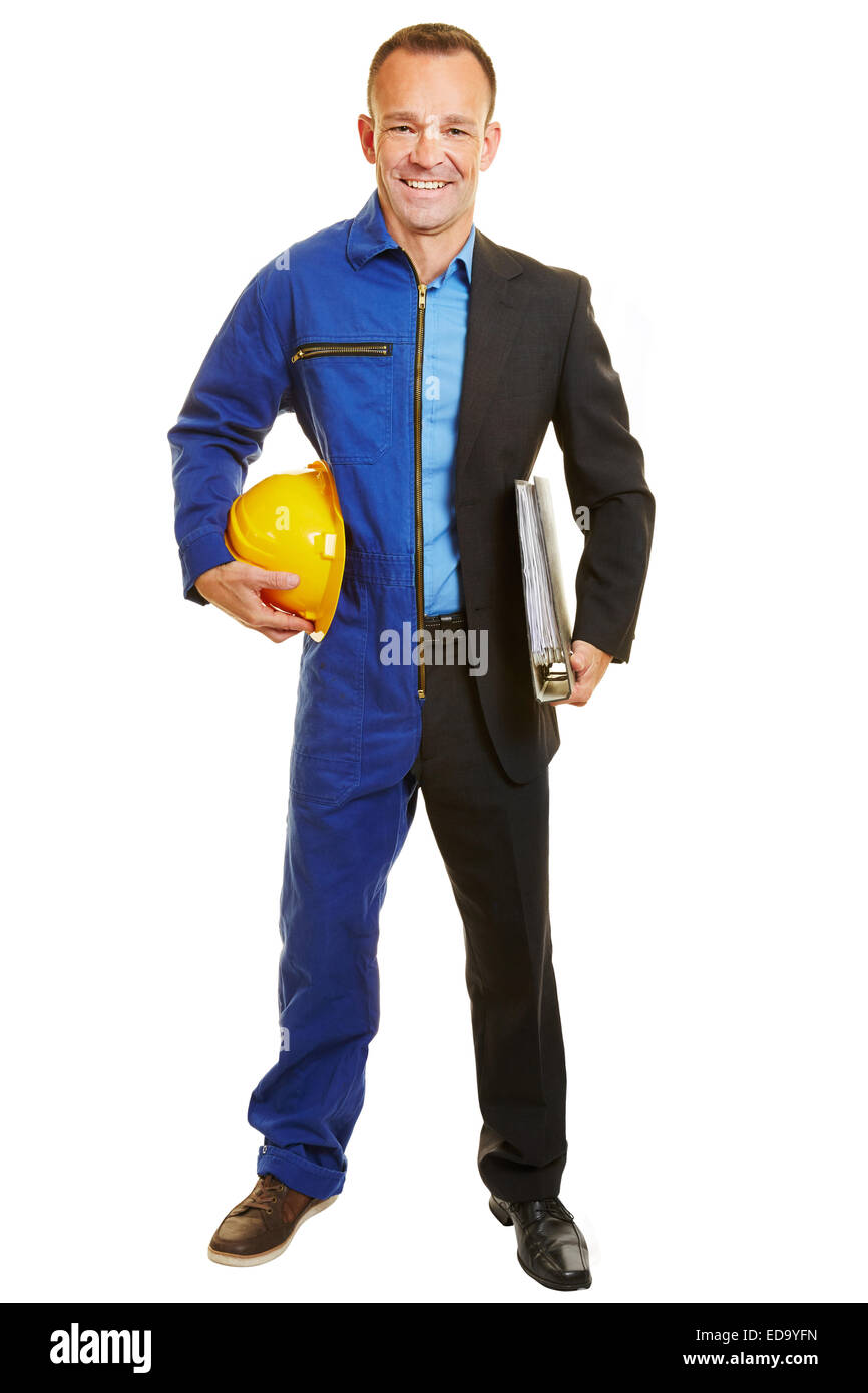 Isolated smiling man half in work clothing of construction worker and manager Stock Photo