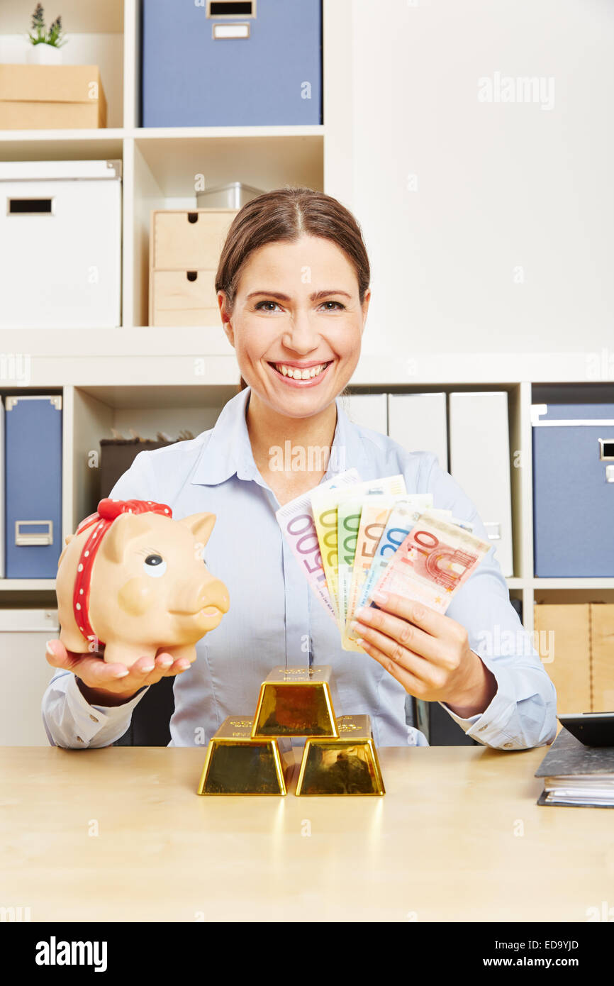 Happy business woman with Euro money and gold and piggy bank Stock ...