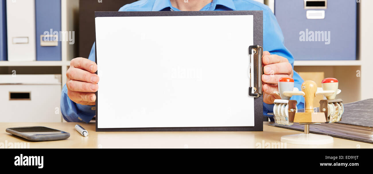 Panorama with hands holding white empty sheet of paper with clipboard ...