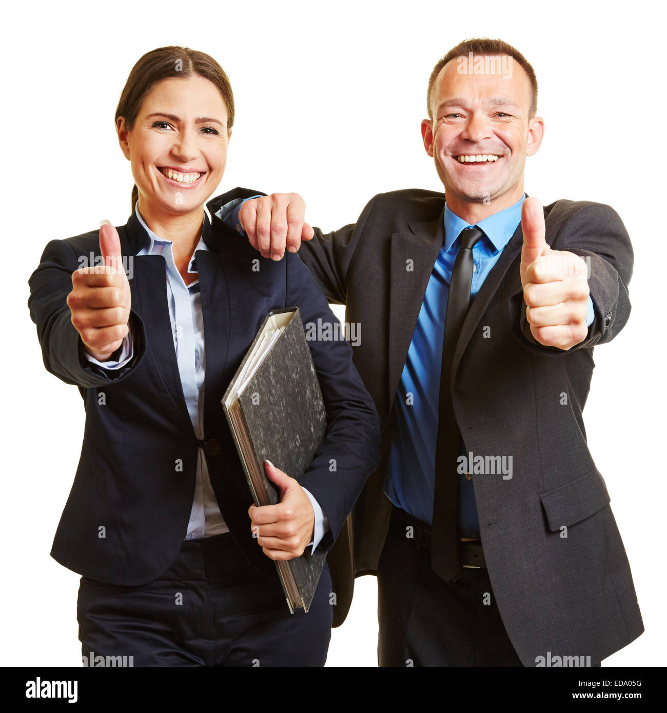 Happy successful business team holding their thumbs up Stock Photo - Alamy