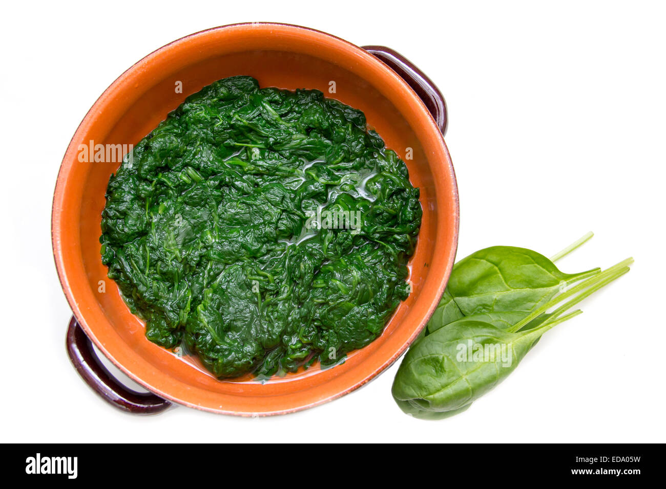 Spinach cooked in the pan on a white background seen from above Stock