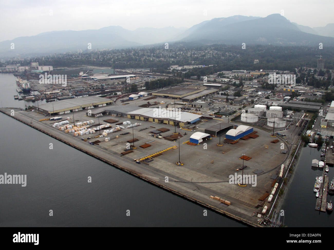 aerial view of riverside wharfs in North Vancouver, south of Cotton Road, Canada Stock Photo