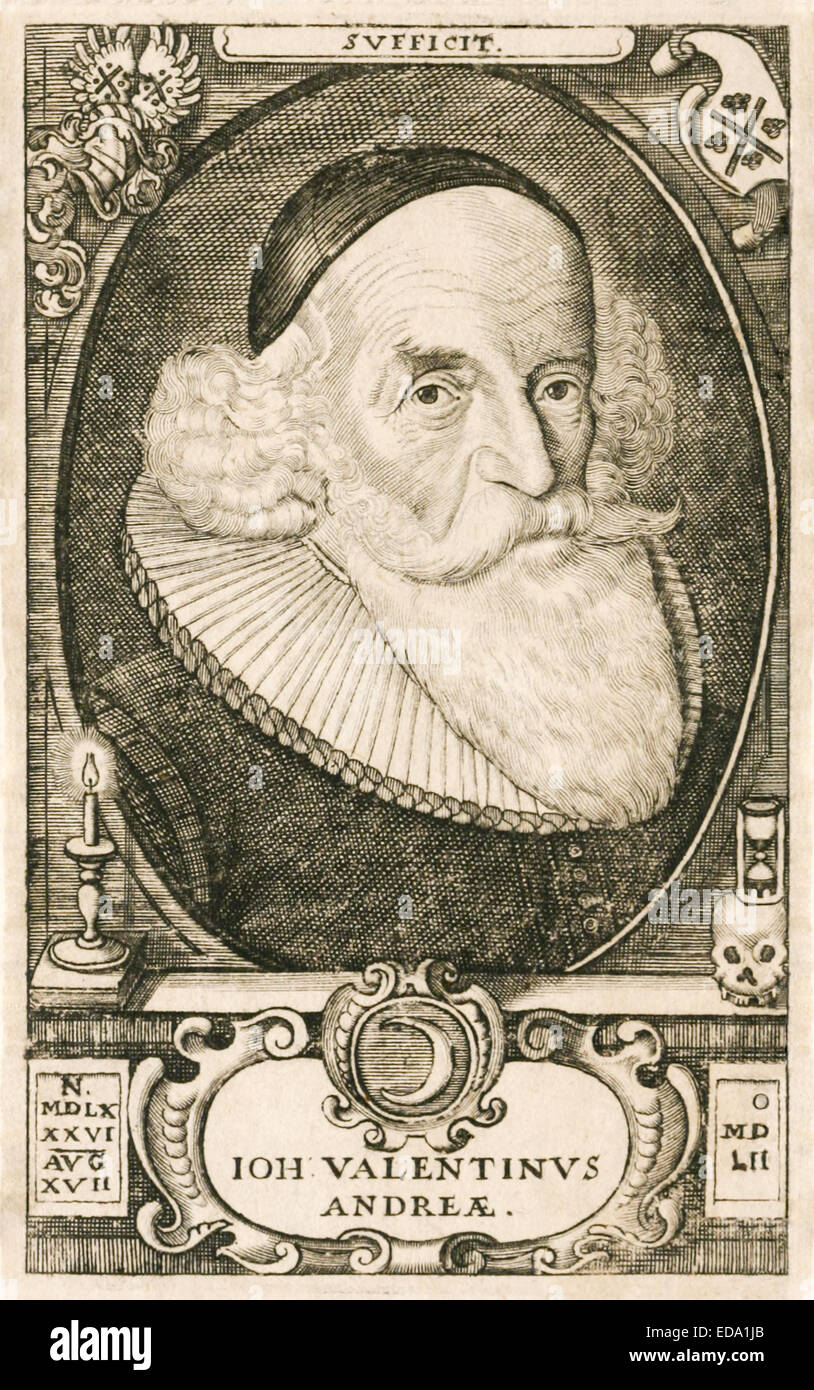 Engraved portrait of Johannes Valentinus Andreae (1586-1654) German theologian who claimed authorship of  'Chymical Wedding of Christian Rosenkreutz', one of the three original manifestos of the mysterious 'Fraternity of the Rose Cross' (Rosicrucians). Founder of Christliche Gottliebende Gesellschaft. See description for more information. Stock Photo