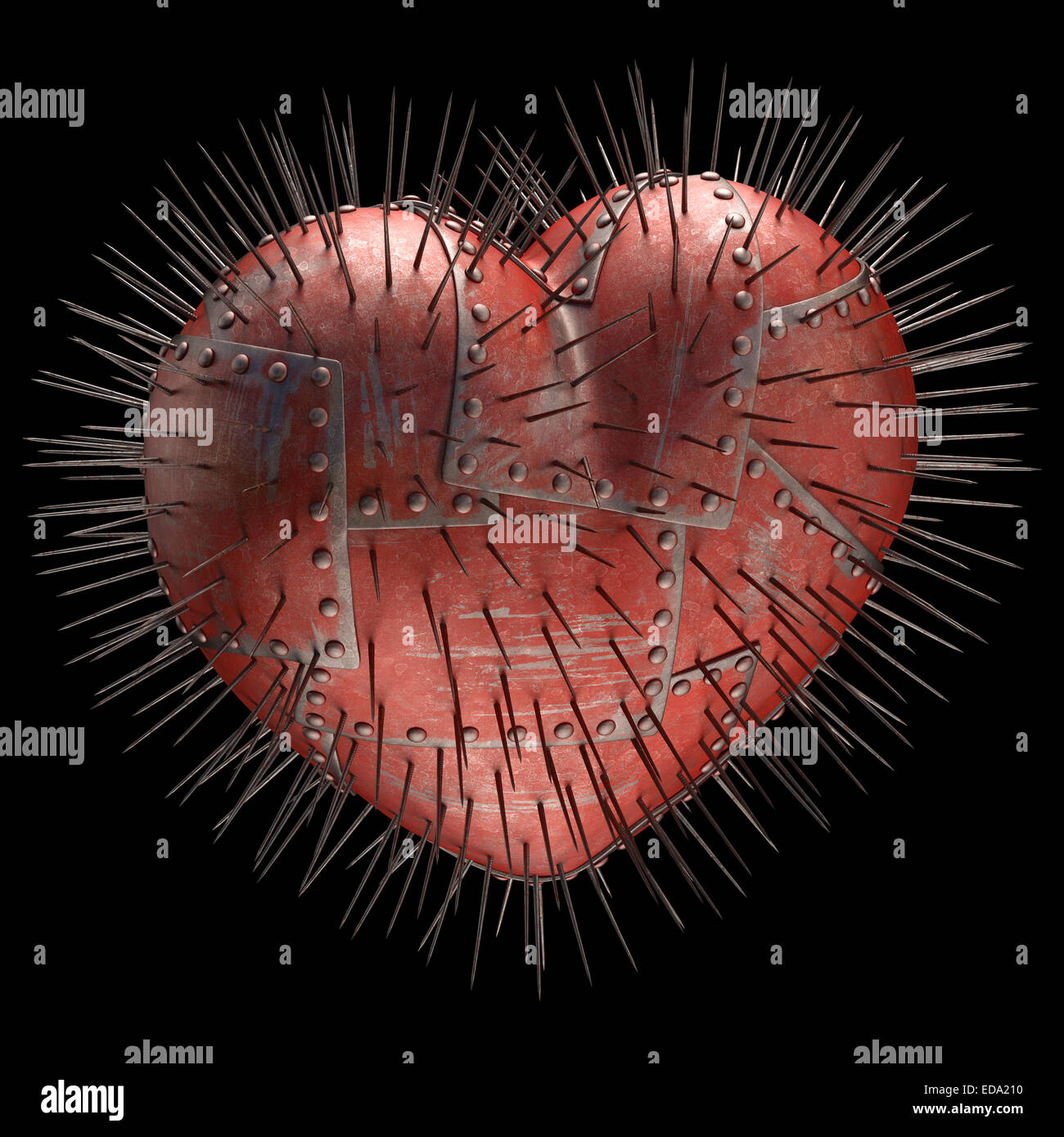 Heart made of steel plates with metal spikes. Clipping path included. Stock Photo