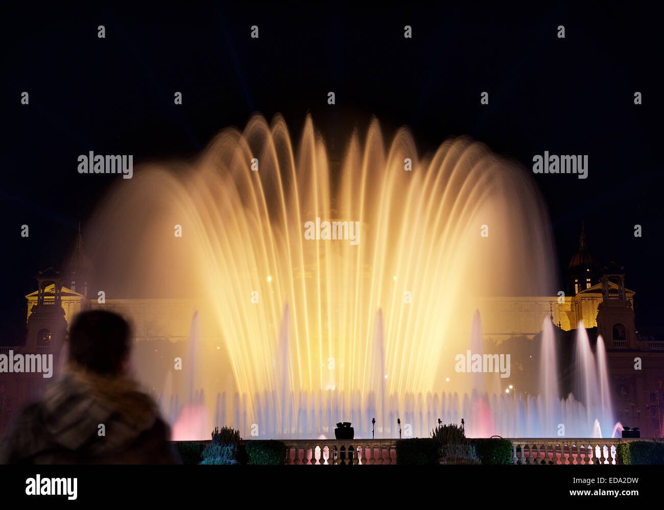 Night view of Magic Fountain light show in Barcelona, Catalonia, Spain.Magic fountain of