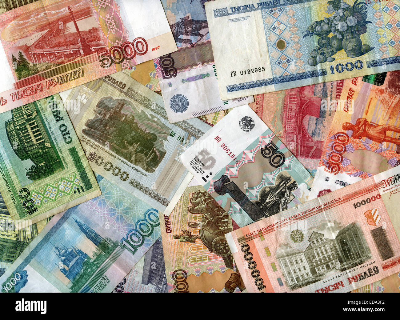 Russian and Belarusian banknotes (rubles) background Stock Photo