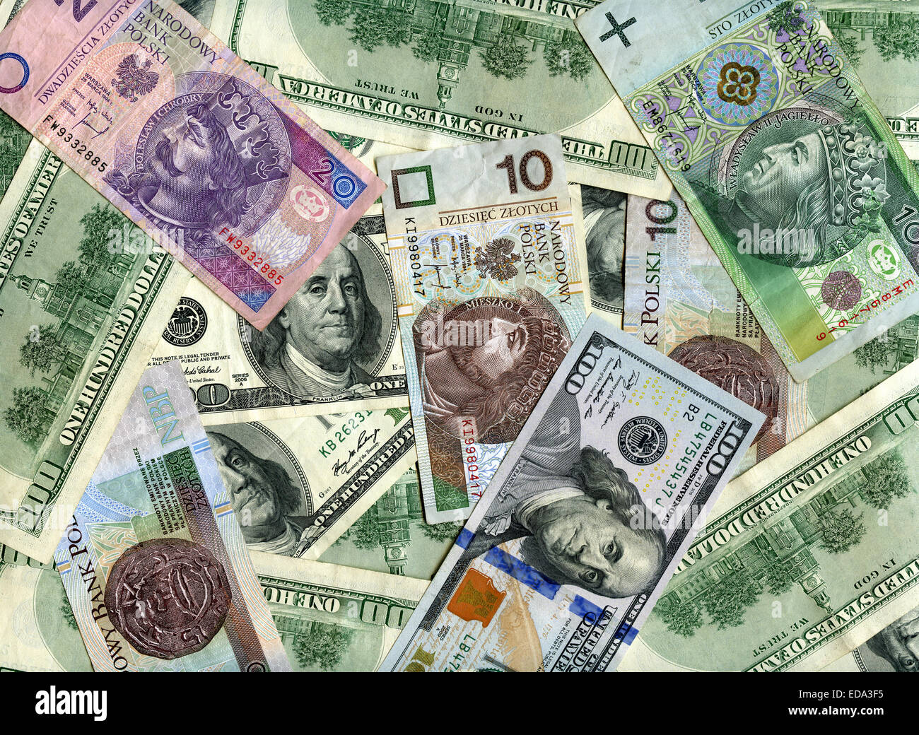 US dollars and Polish banknotes (zloty) background Stock Photo - Alamy