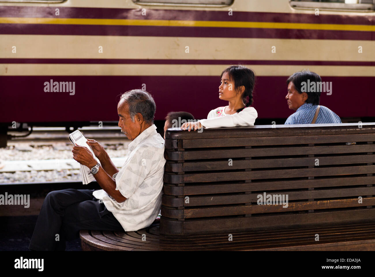 Family, Hualamphong main train station, Bangkok, Thailand. Stock Photo