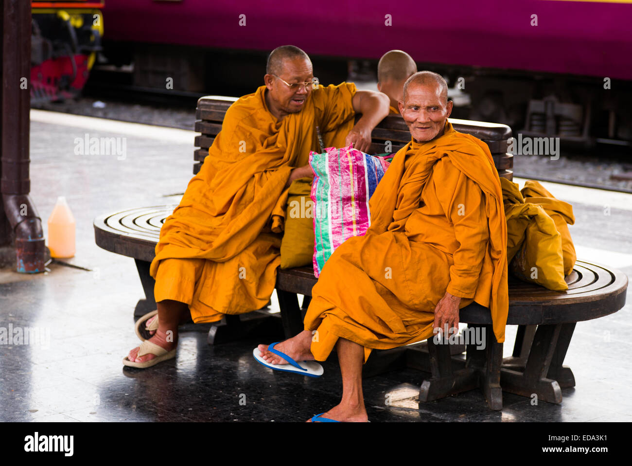 Buddhist monks, Hualamphong main train station, Bangkok, Thailand. Stock Photo