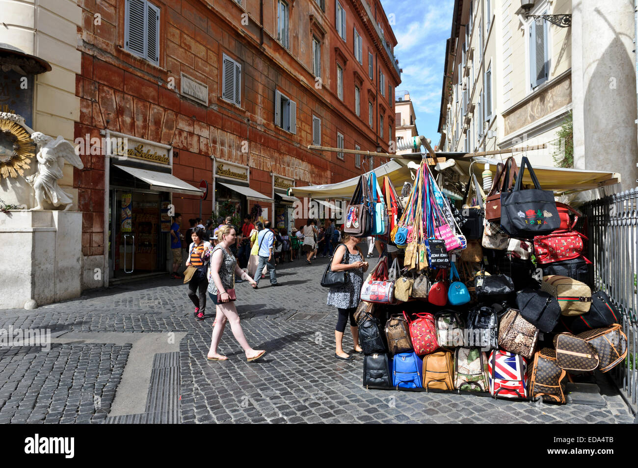 A typical outdoor market in a narrow street in the City of Rome, Italy