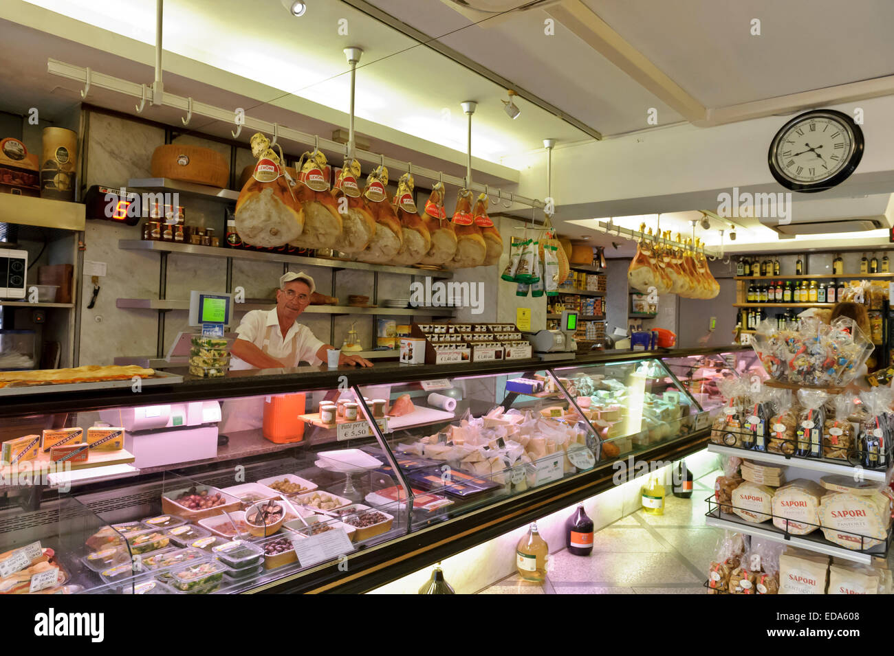 The interior of a delicatessen with a large selection of Mediterranean food produce, Rome, Italy. Stock Photo