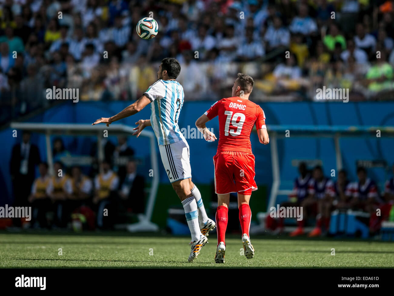 2014 FIFA World Cup - Round 16 - Argentina vs. Switzerland match held at Arena Corinthians. Argentina went on to defeat Switzerland, 1 - 0.  Featuring: Marcos Rojo,Josip Drmic Where: Sao Paulo, Brazil When: 01 Jul 2014 Stock Photo