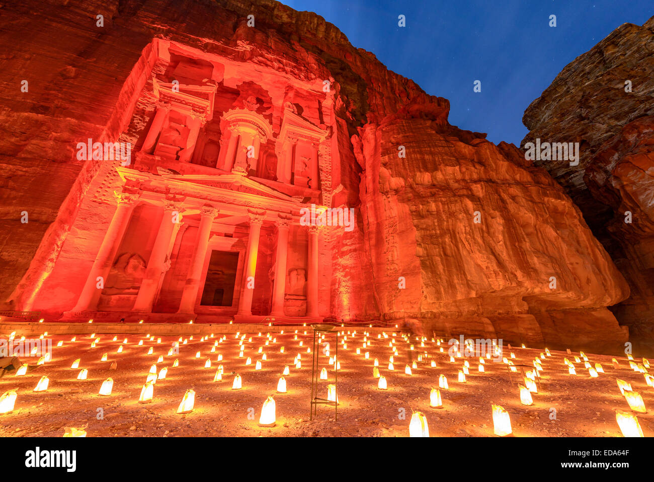 Treasury (Khasneh) in Petra, Jordan at night. Petra by Night in the light of 1,800 candles. Stock Photo