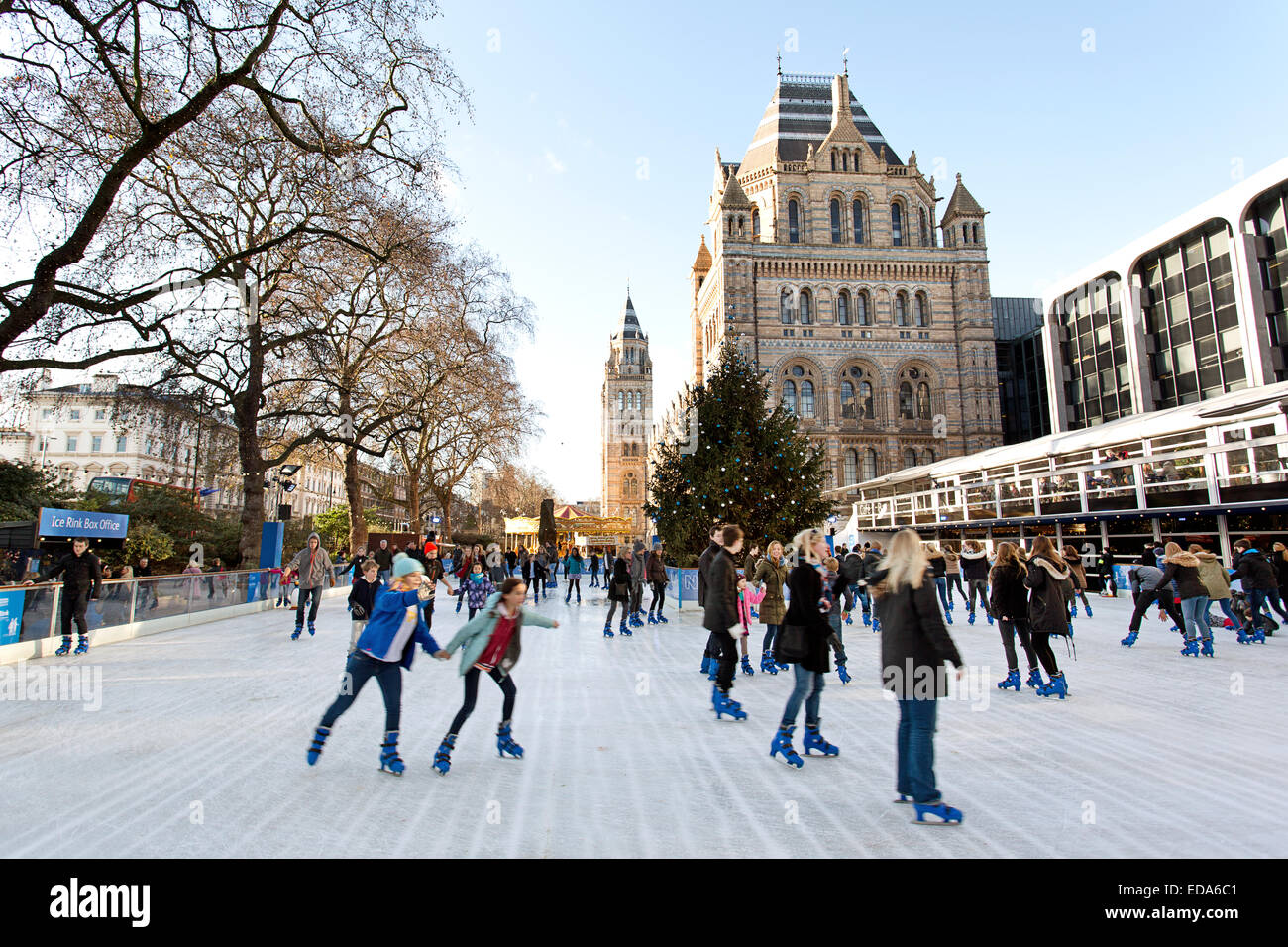 The Ice rink outside the National History Museum in London, Uk. Stock Photo