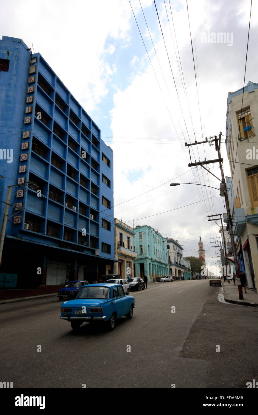 A Russian made Lada car driving on a road in the city of Havana in Cuba Stock Photo