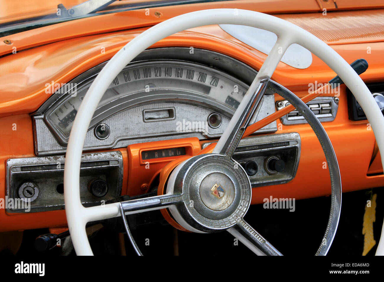 Steering wheel and dashboard of a vintage Ford Fairlane in Havana, Cuba Stock Photo