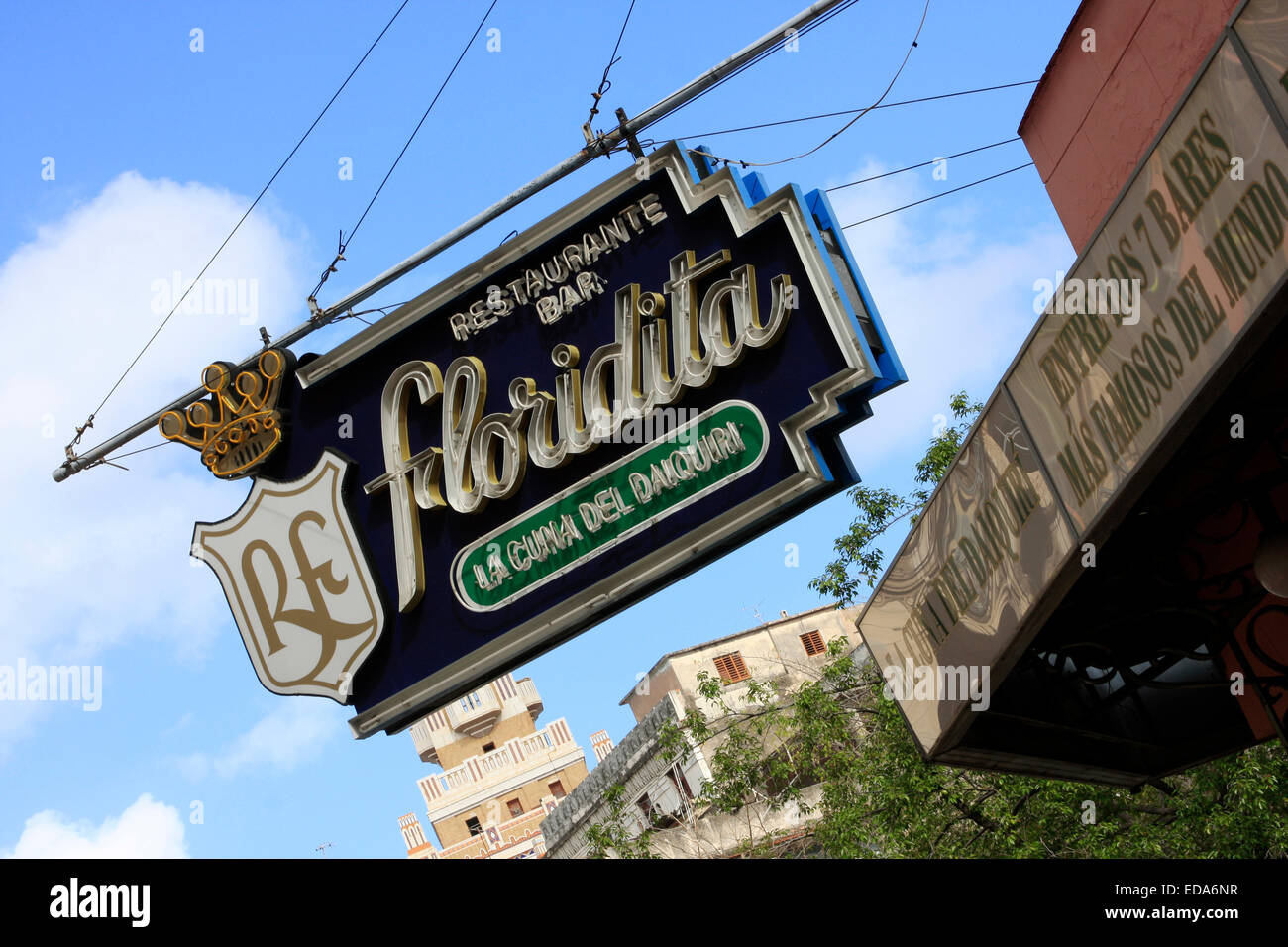 Sign outside the Floridita bar on the corner of Obispo and Monserrate streets, Havana, Cuba Stock Photo