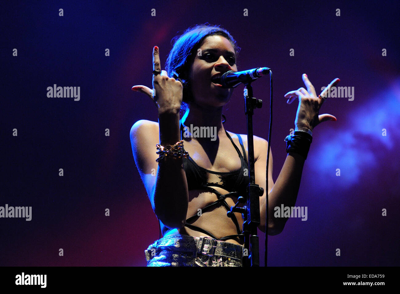 BENICASIM, SPAIN - JULY 21: AlunaGeorge, English electronic music duo, concert performance at FIB. Stock Photo