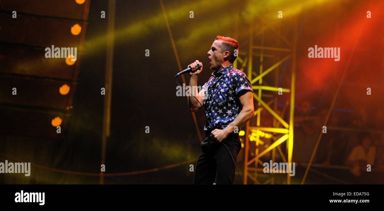 BENICASIM, SPAIN - JULY 21: Brandon Flowers, frontman of The Killers band, concert performance at FIB. Stock Photo